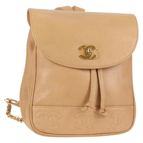 CHANEL Backpack Calf Skin Beige Gold CC Auth - Picture 1 of 16